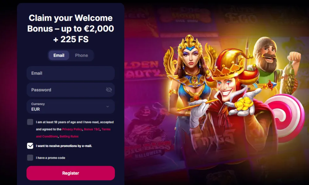 Formulaire d'inscription au casino NV et offre promotionnelle de bonus de bienvenue